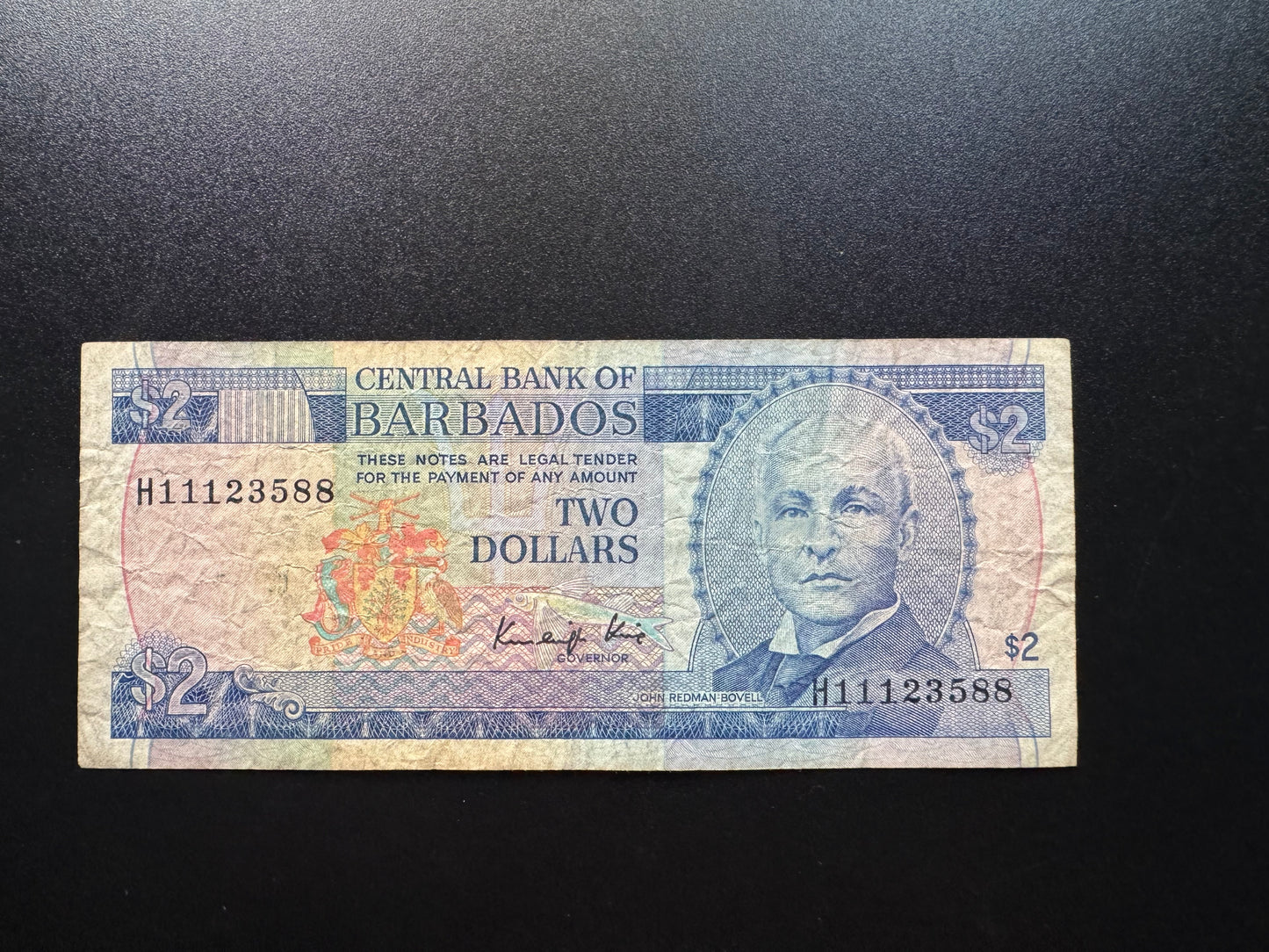 Barbados 2 Dollars Banknote 1986 Old Circulated Paper Money Bank Bill P-36