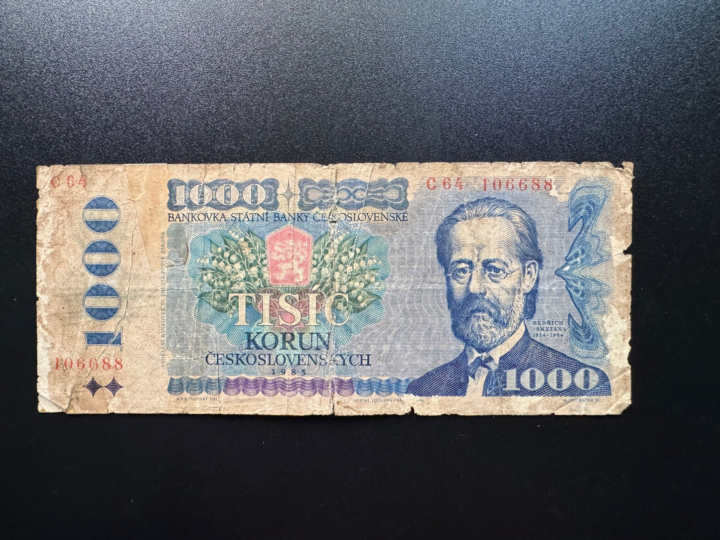 Czechoslovakia 1000 Korun Banknote 1985 Old Circulated Bank Bill Prefix-C P-98a