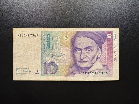 Germany 10 Mark Banknote 1989 Vintage Rare Date Circulated Paper Bank Bill P-38