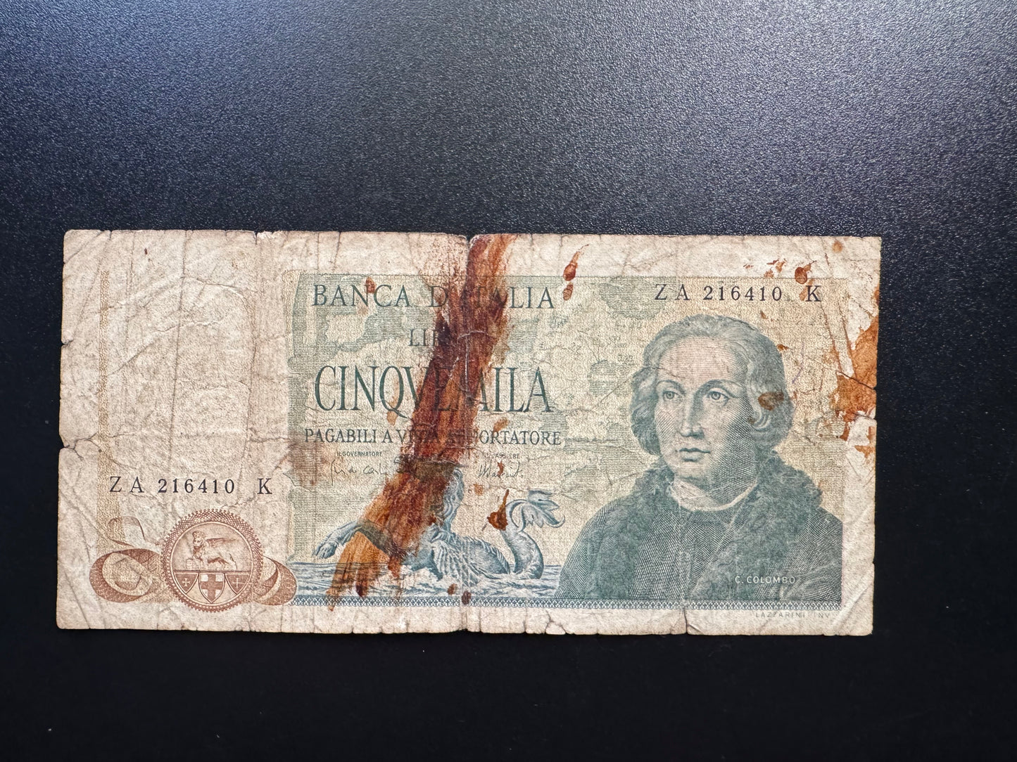 Italy 5000 Lire Banknote 1973 old Circulated ZA-Prefix Damaged Bill P-102b