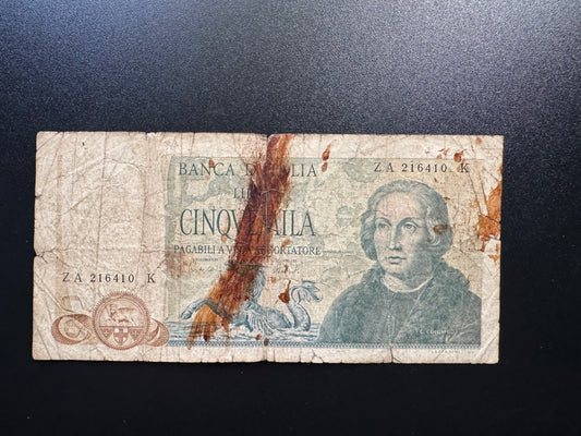 Italy 5000 Lire Banknote 1973 old Circulated ZA-Prefix Damaged Bill P-102b
