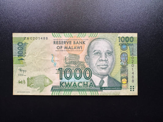 Malawi 1000 Kwacha Banknote 2012 VF Paper ZA-Replacement Bank Bills P-62