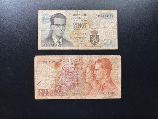 Belgium 20, 50 Francs Banknote 1964-66 old Circulated Paper Bill 2Pcs/ Lot