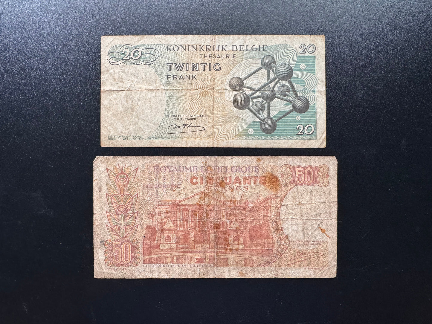 Belgium 20, 50 Francs Banknote 1964-66 old Circulated Paper Bill 2Pcs/ Lot