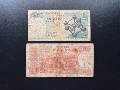 Belgium 20, 50 Francs Banknote 1964-66 old Circulated Paper Bill 2Pcs/ Lot