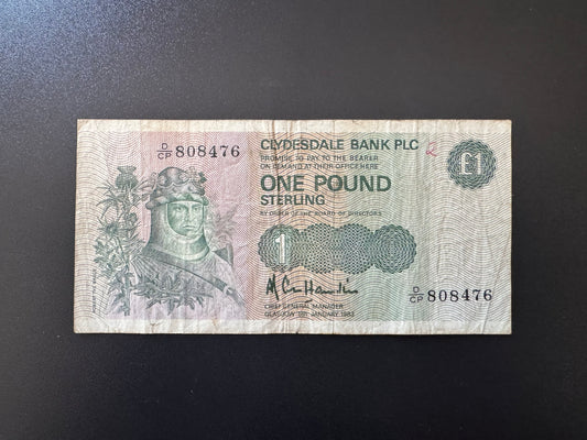 Scotland Clydesdale Bank 1 Pound Banknote 1983 Old Circulated Bank Bill P-211b
