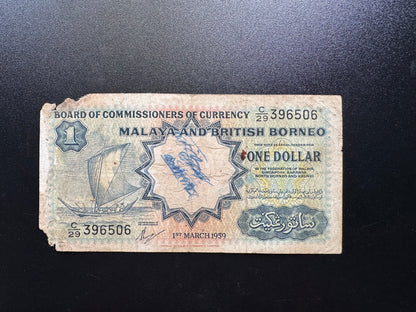 Malaya 1 Dollar Banknote 1959 Old Circulated Paper Money Bank Bill P-8A