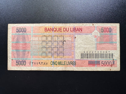 Lebanon 5000 Livres Banknote 1995 Old Circulated 2nd Prefix Bank Bill p-71b