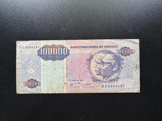 Angola 100 000 Kwanzas Banknote 1995 Old Circulated Paper Bank Bills P-139