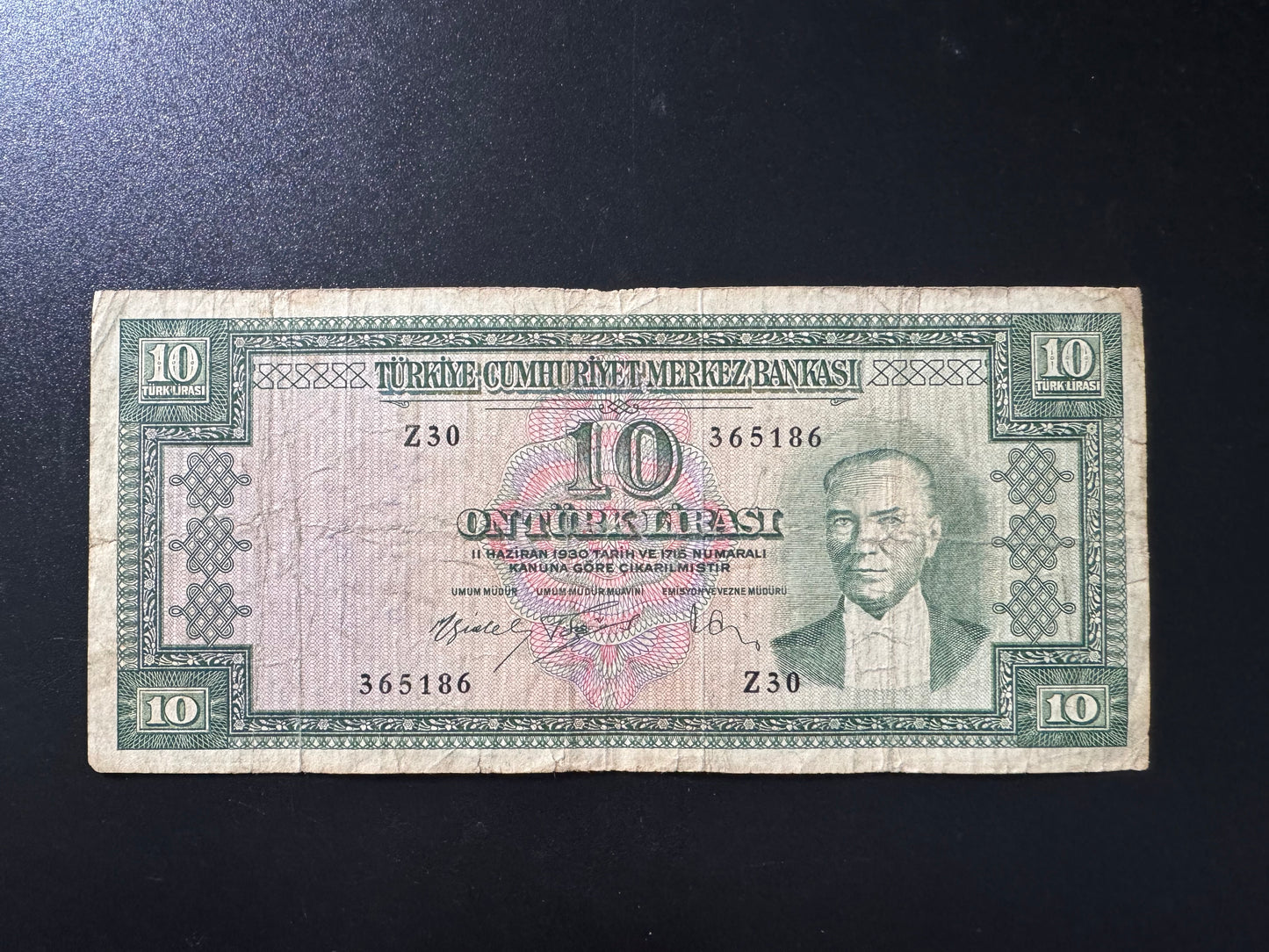 Turkey 10 Lira Banknote 1930 Old Circulated Rare Series-Z 30 Bank Bill P-159