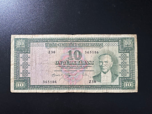 Turkey 10 Lira Banknote 1930 Old Circulated Rare Series-Z 30 Bank Bill P-159