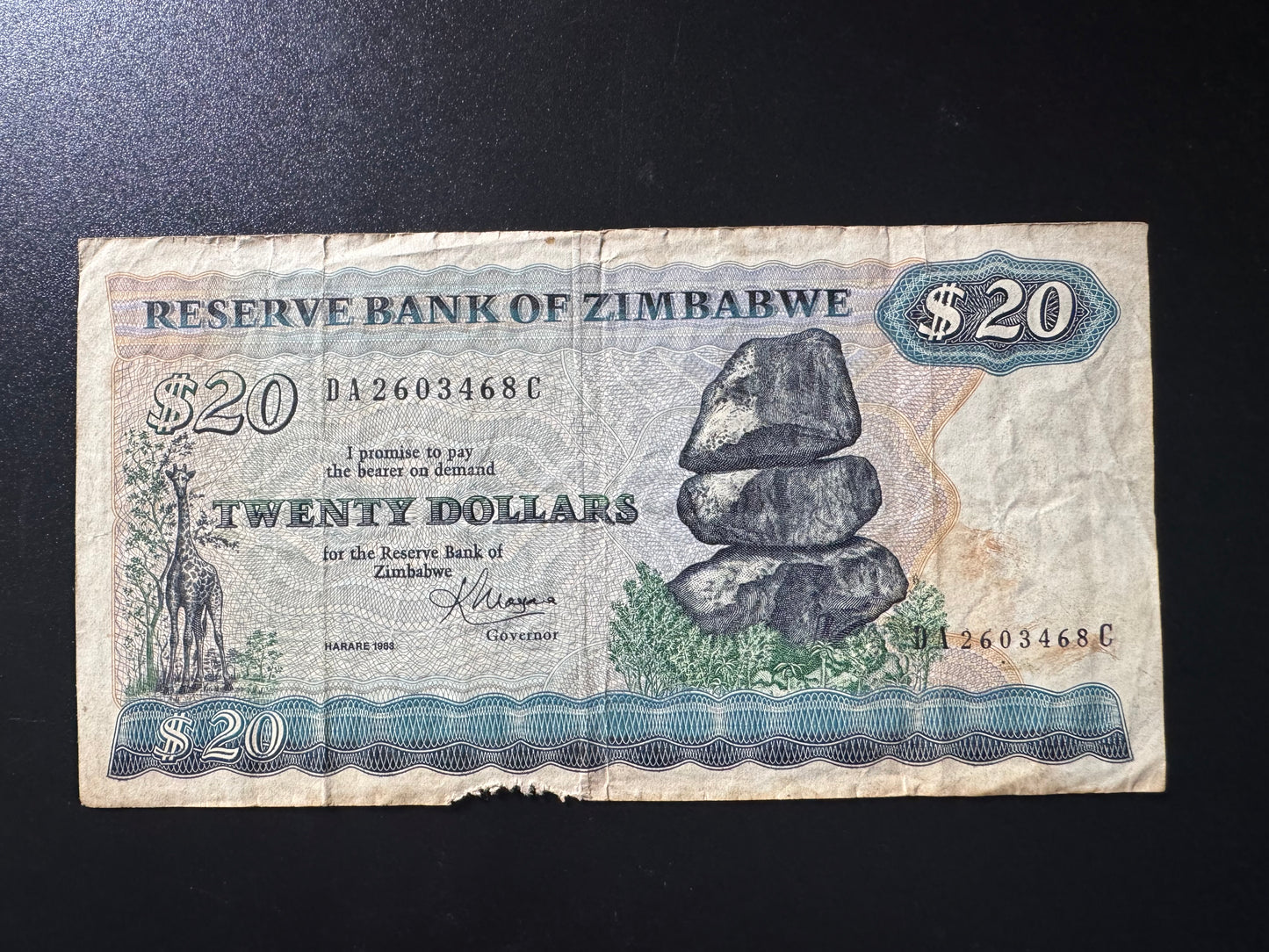 Zimbabwe 20 Dollars Banknote 1983 Old Circulated Paper Money Bank Bill P-4c
