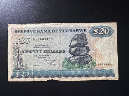 Zimbabwe 20 Dollars Banknote 1983 Old Circulated Paper Money Bank Bill P-4c