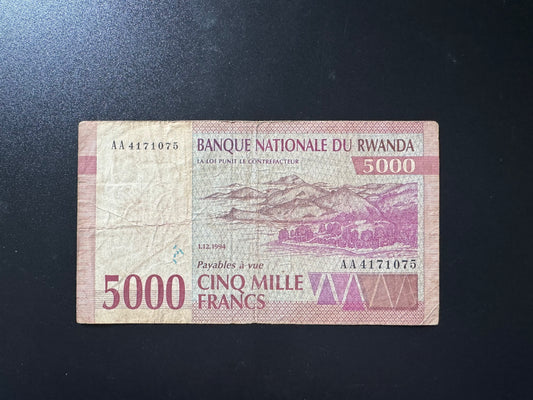 Rwanda 5000 Francs Banknote 1994 Old Circulated Very Rare Bank Bills P-25