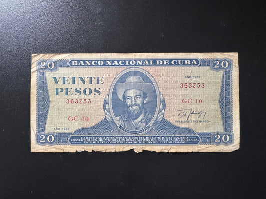 Cuba 20 Pesos Banknote 1988 Old Circulated Banknote Bank Bill P-105d