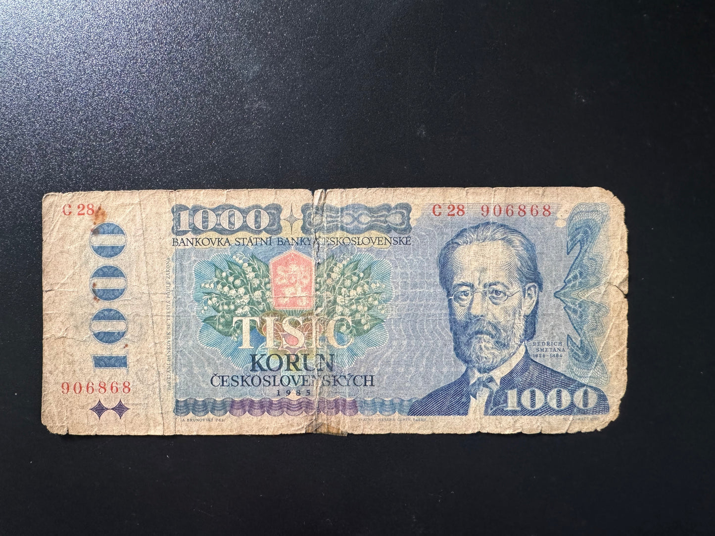 Czechoslovakia 1000 Korun Banknote 1985 Old Circulated Bank Bills Prefix-C P-98a