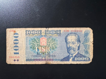 Czechoslovakia 1000 Korun Banknote 1985 Old Circulated Bank Bills Prefix-C P-98a