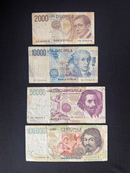 Italy 2000, 10 000, 50 000, 100 000 Lire Banknotes old Circulated Bank Bills 4 Pcs/ Lot set