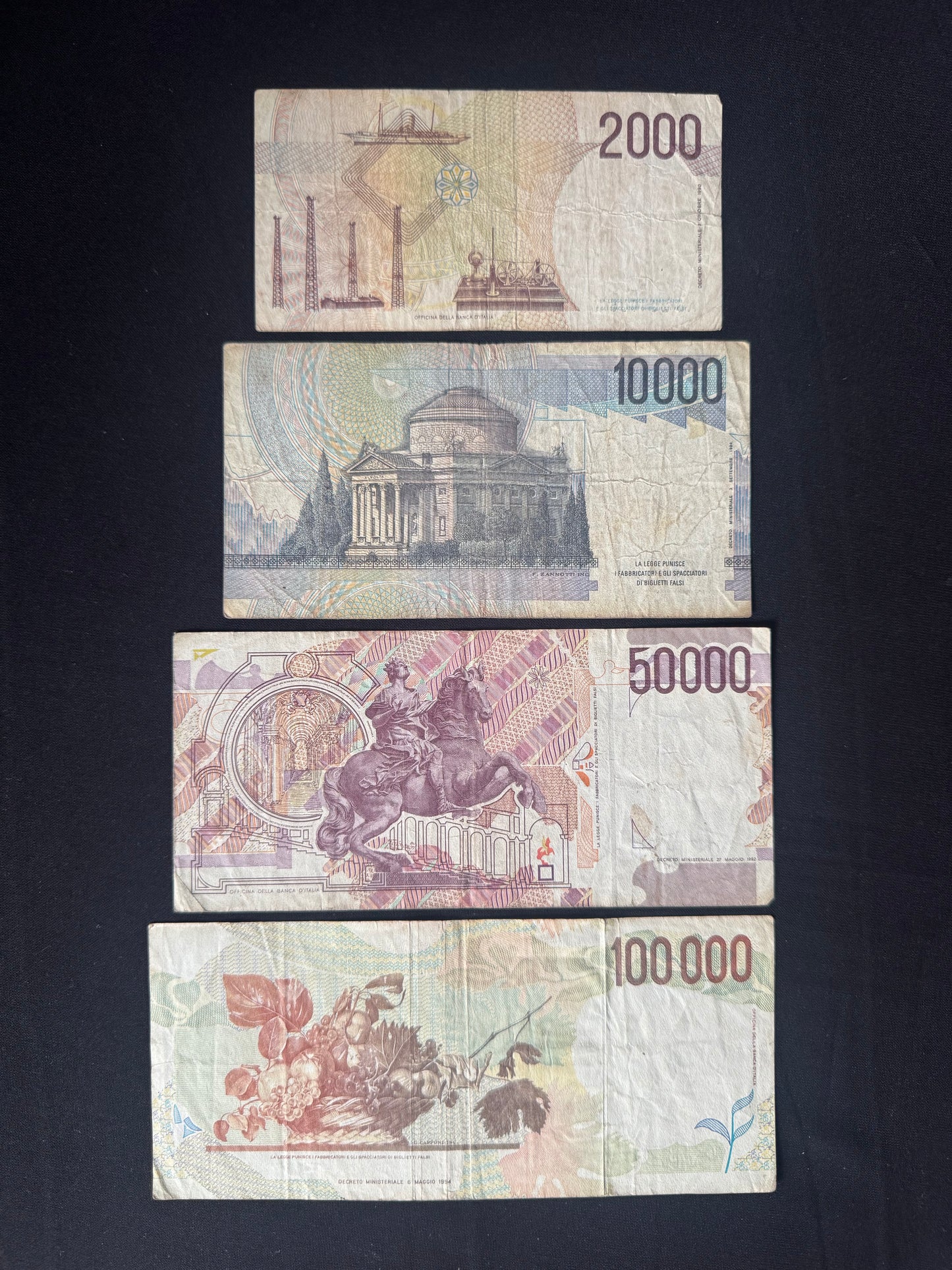 Italy 2000, 10 000, 50 000, 100 000 Lire Banknotes old Circulated Bank Bills 4 Pcs/ Lot set