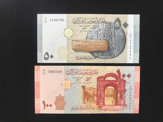 Syria 50, 100 Pounds Banknotes 2021 UNC Bank bills Paper Money 2Pcs/ Lot