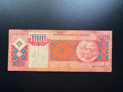Angola 1000 Kwanzas Banknote 2003 Old Circulated AK Prefix Bank Bill P-150