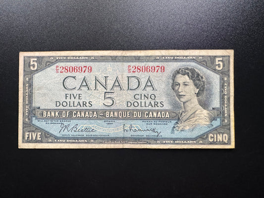 Canada 5 Dollars Banknote 1954 old Circulated CAD Paper Money Bank Bill P-68