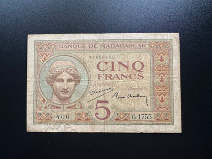 Madagascar 5 Francs Banknote 1937 old Circulated Paper Bank Bill