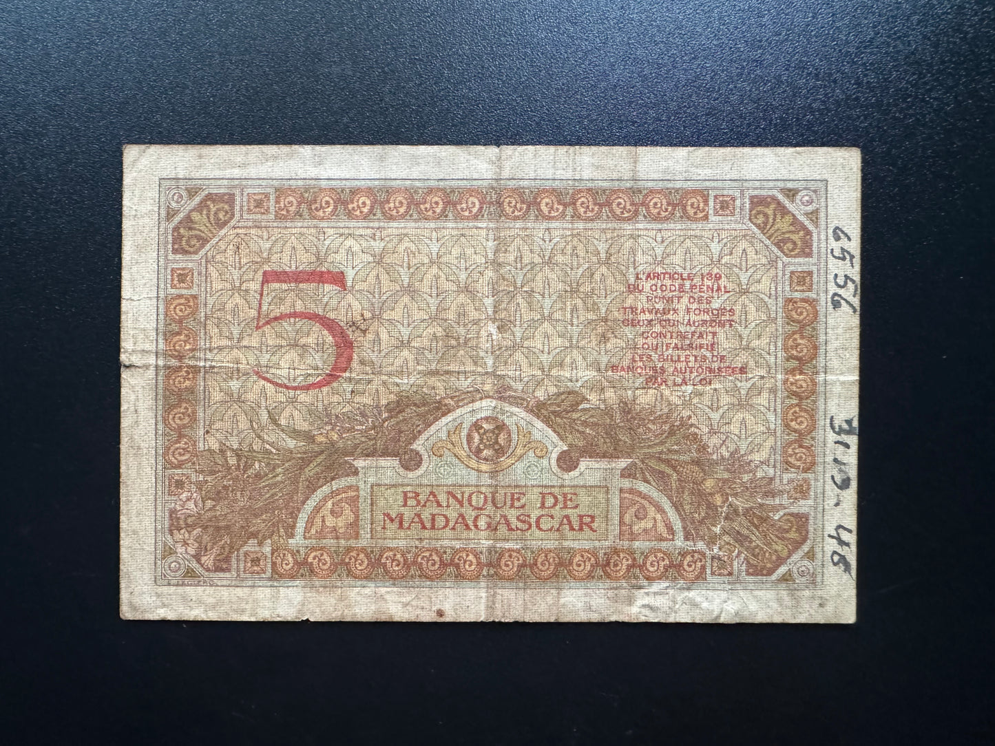 Madagascar 5 Francs Banknote 1937 old Circulated Paper Bank Bill