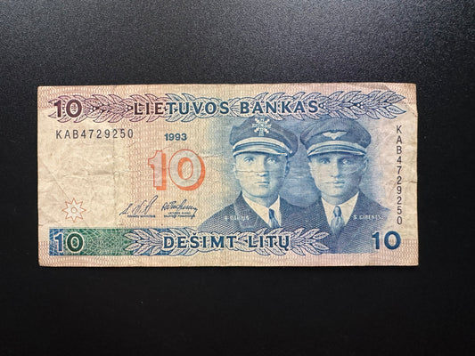 Lithuania 10 Litas Banknote 1993 Old Circulated Paper Money Bank Bill P-56