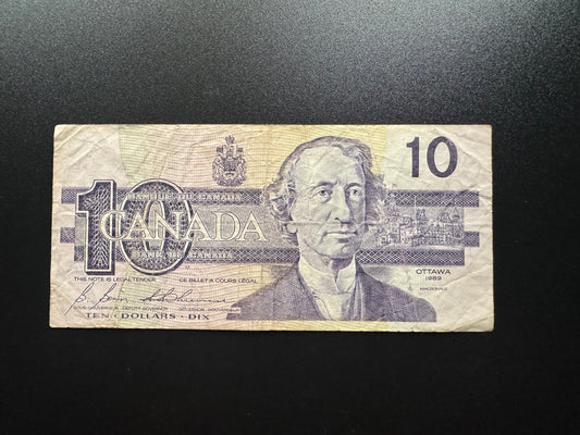 Canada 10 Dollars Banknote 1989 old Circulated CAD Paper Money Bank Bill P-96