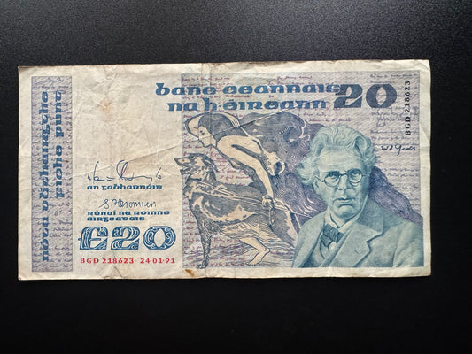 Ireland 20 Pounds Banknote 1991 Old Circulated Paper Money Bank Bills P-73c
