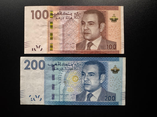 Morocco 100, 200 Dirhams Banknotes 2012 VF- Circulated Paper Bills 2Pcs/ Lot