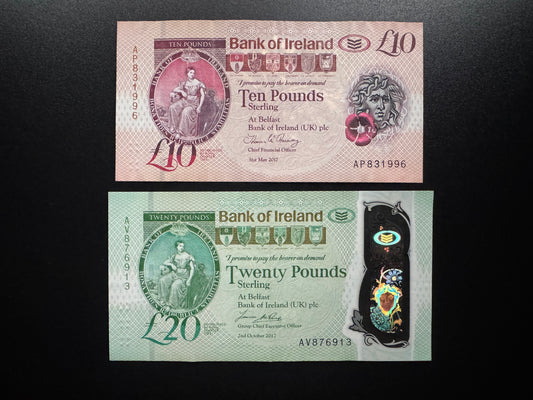 North Ireland 10, 20 Pounds Banknotes 2017 VF Polymer Money Bank Bills 2 Pcs/Lot