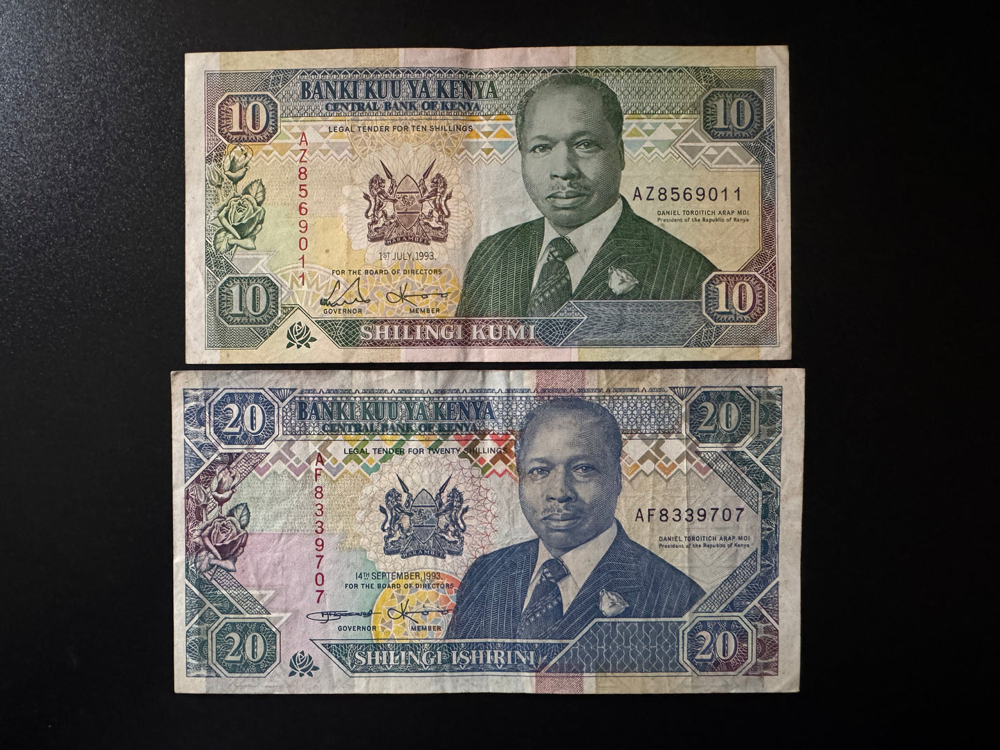 Kenya 10, 20, Shillings Banknotes 1993 Old VF Paper Bank Bills 2pcs/Lot