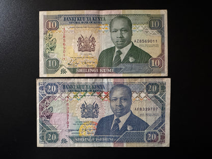 Kenya 10, 20, Shillings Banknotes 1993 Old VF Paper Bank Bills 2pcs/Lot