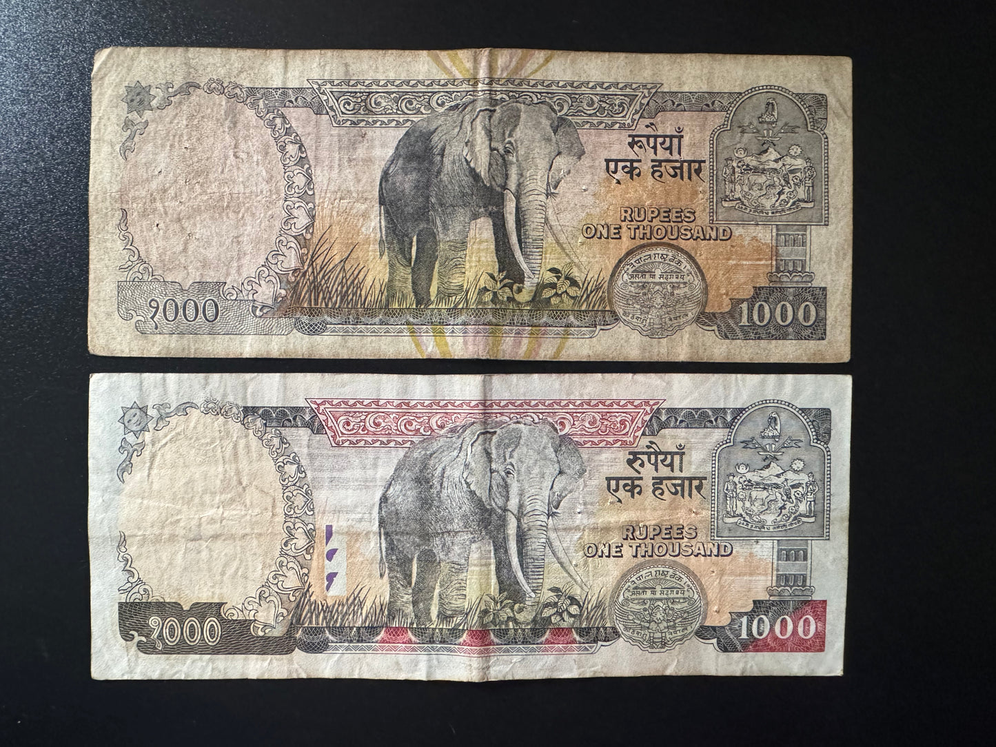 Nepal 1000 Rupees Banknotes 2000-2002 Old Circulated King Birendra Bills 2Pcs