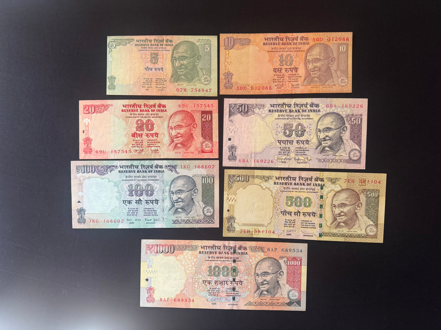 India 5, 10, 20, 50, 100, 500,1000 Rupees XF-VF-Circulated Banknotes Old Bills 7 Pcs/Lot Full Set