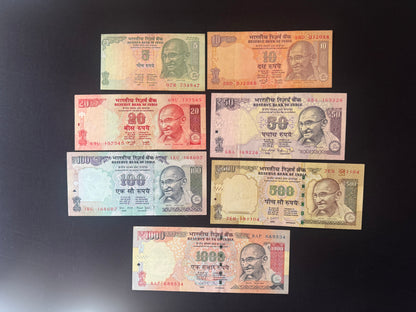 India 5, 10, 20, 50, 100, 500,1000 Rupees XF-VF-Circulated Banknotes Old Bills 7 Pcs/Lot Full Set