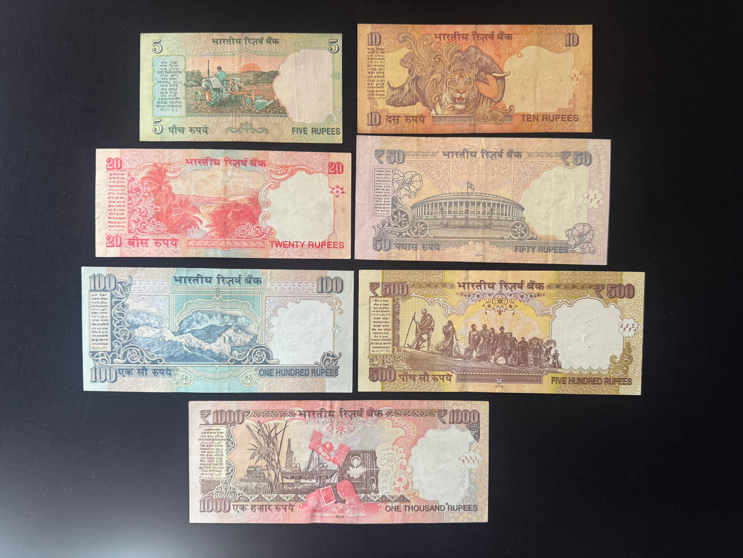 India 5, 10, 20, 50, 100, 500,1000 Rupees XF-VF-Circulated Banknotes Old Bills 7 Pcs/Lot Full Set
