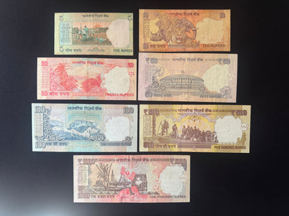 India 5, 10, 20, 50, 100, 500,1000 Rupees XF-VF-Circulated Banknotes Old Bills 7 Pcs/Lot Full Set