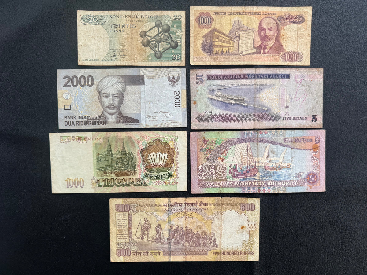 7 Pcs Mixed Collectible Banknotes | World Banknote Lot from 7 Different Countries – Set 29