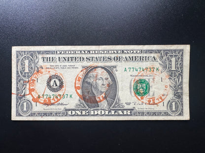 US $1 Dollar 1995 USA Banknote A - Boston Bill P-496b S/N Fancy Numbers 77474737