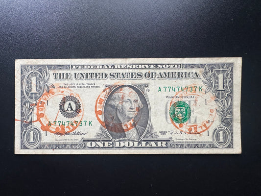 US $1 Dollar 1995 USA Banknote A - Boston Bill P-496b S/N Fancy Numbers 77474737