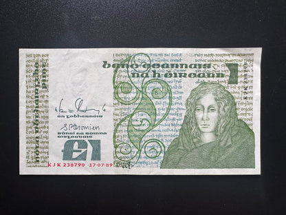 Ireland 1 Pound Banknote 1989 Old AUNC-VF Paper Money Bank Bills P-70
