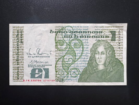 Ireland 1 Pound Banknote 1989 Old AUNC-VF Paper Money Bank Bills P-70