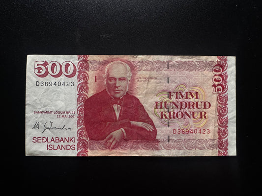 Iceland 500 Kronur Banknote 2001 Old VF-Circulated Paper Money Bank Bills P-58a
