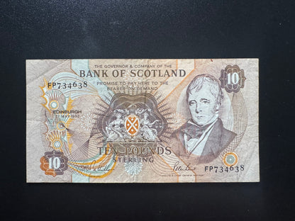 Bank of Scotland 10 Pounds Banknote 1992 Old VF Paper Bank Bill P-117a
