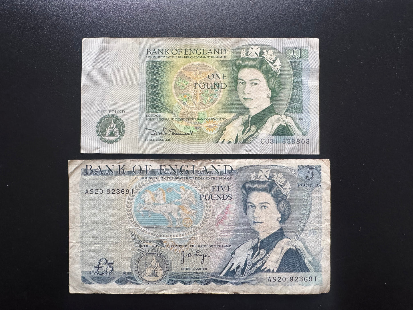 England 1, 5 Pounds GBP Banknotes 1971-1991 old Circulated Bank Bills 2pcs/Lot