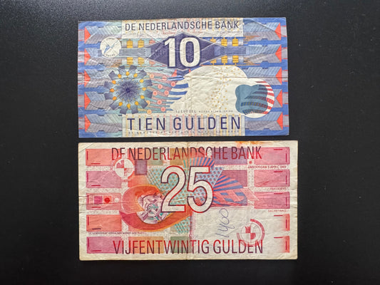 Netherlands 10, 25 Guldens Banknotes 1989-1997 Old Circulated Bank Bills 2 Pcs