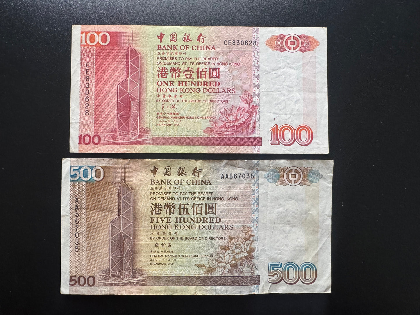 Hong Kong 100, 500 Dollars Banknotes 1996-2000 Old VF-Circulated Bank Bills 2Pcs